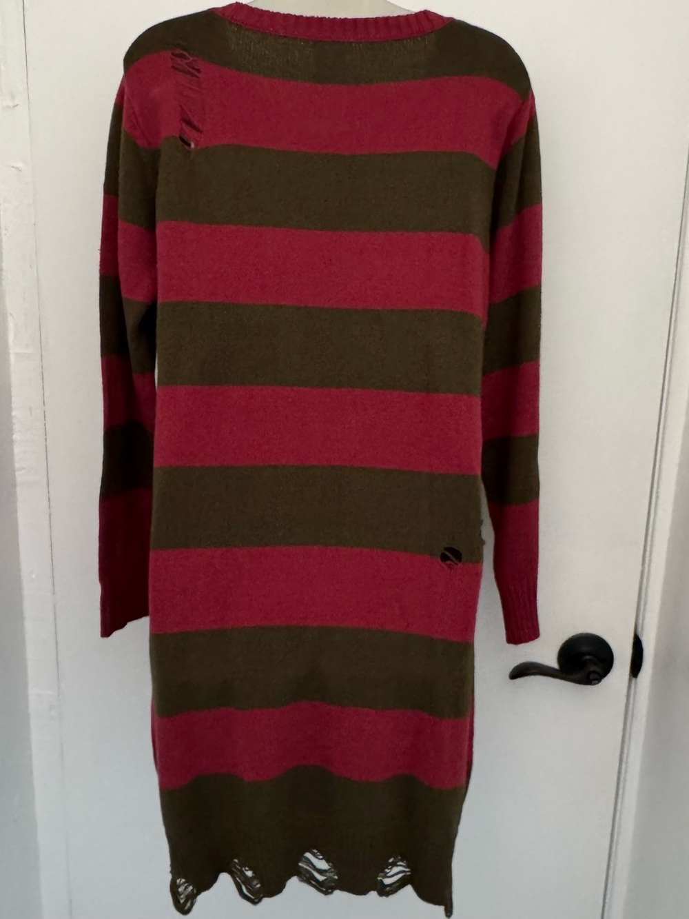 Spirit Distressed Chunky Stripe Long Sleeve Dress in Red and Olive - Picture 2 of 9